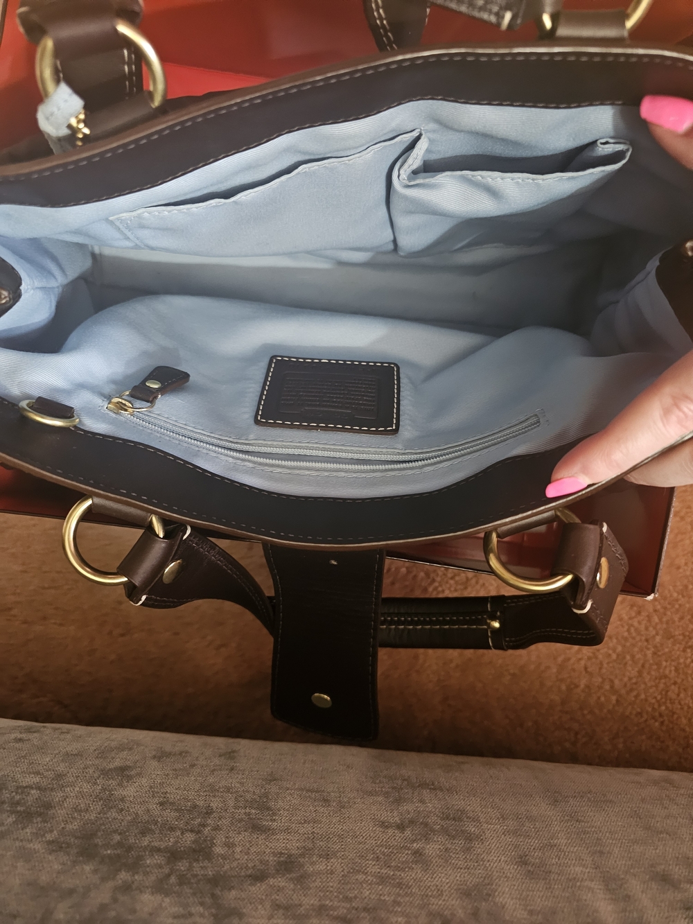 Coach Light Blue Embossed Signature Satchel with Dark Brown Trim - Picture 4 of 7